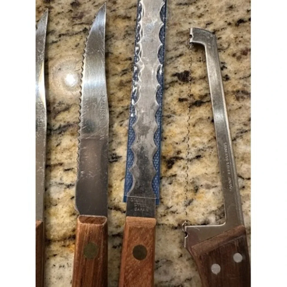 8 pc Vintage Stainless Steel Steak, Cheese, Grapefruit Knives Wood Handles Japan